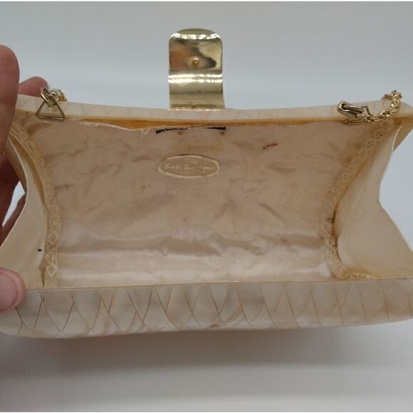 VINTAGE LISETTE Rare 1950s Blush Mother of Pearl & Lucite Clutch Gold Hardware - Picture 9 of 16